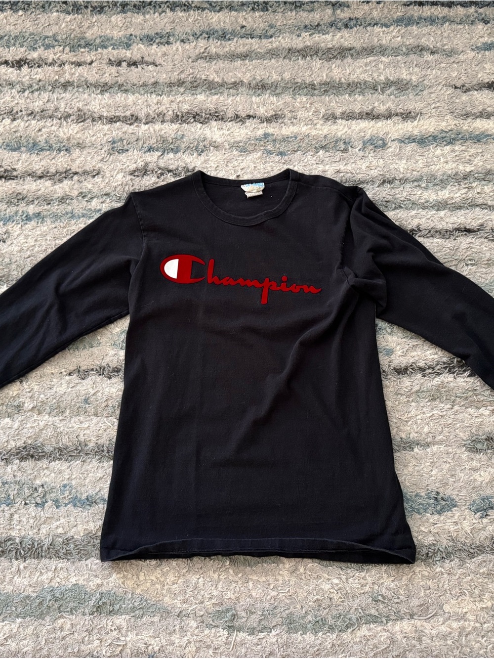 Vintage Champion Black Long-Sleeve Tee with Red Logo